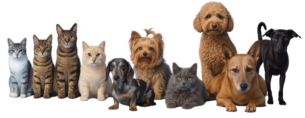 Happy cats and dogs sitting together